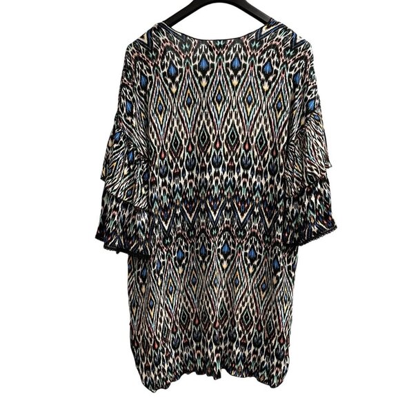 Democracy Kimono Womens S Geo Animal Pint  Tiered Ruffle Sleeve Lace Artsy - Picture 2 of 7